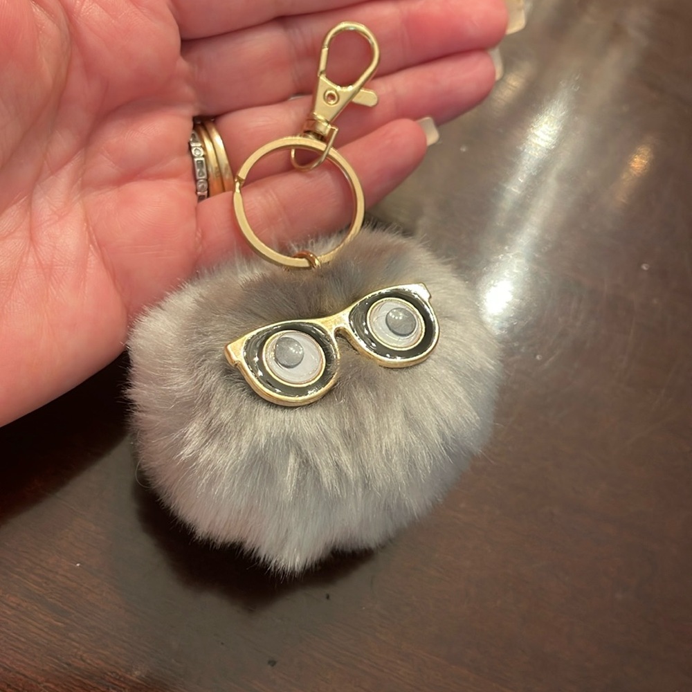 Furry gray Keychain with Gold black glasses Accents new